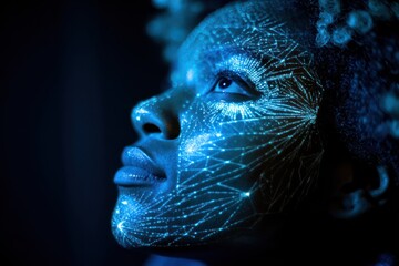 Biometric facial scanning on woman in blue