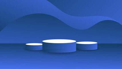 Blue 3D Podium Display Background with Minimal Cylindrical Platforms and Abstract Wave Shapes &mdash; Modern Product Presentation Scene for Branding, Advertising, Cosmetics, Technology and Mockups