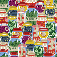 Cute food jar seamless vector pattern with pickles olives honey jam preserves