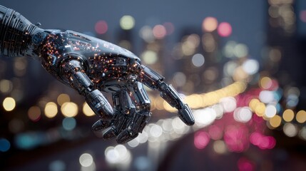 Metallic robot arm points towards a blurred cityscape, emphasizing technology and future concepts