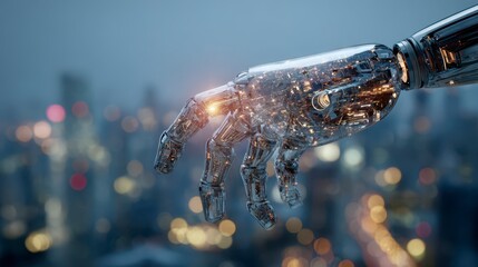 Close-up of a futuristic, transparent robotic hand extending towards a blurred cityscape at dusk, with lights