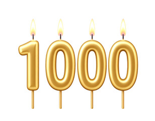 Golden number candles spelling one thousand with lit wicks and attached plastic sticks against a plain background PNG