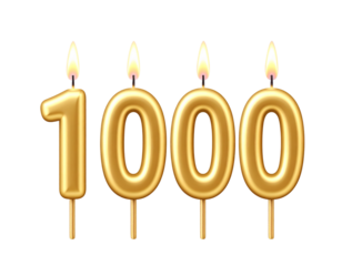 Golden number candles spelling one thousand with lit wicks and attached plastic sticks against a plain background PNG