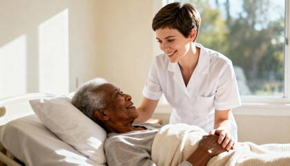 Fototapeta premium Caring nurse holding hands with senior patient in hospital bed. Happy elderly African American woman recovering with support of medical professional. Healthcare and compassion concept
