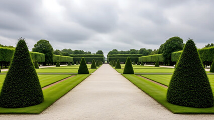 Symmetrical garden pathway with trimmed hedges