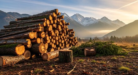 Stacked logs in a mountain landscape under golden sunlight.