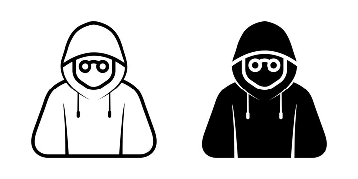 Anonymous icon set. illustration of a hacker with hoodie, wearing glasses. Depicts anonymity and internet security concept in black and white. vector illustration on white background
