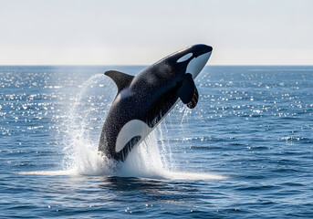Fototapeta premium Orca jumping water captured mid leap showing powerful marine wildlife behavior in ocean