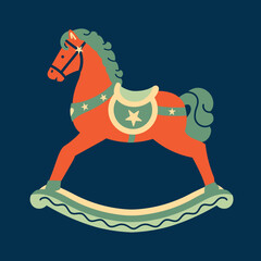 A retro clip art illustration of a classic wooden rocking horse toy, isolated on a dark background. A playful and nostalgic graphic element for childhood themes.