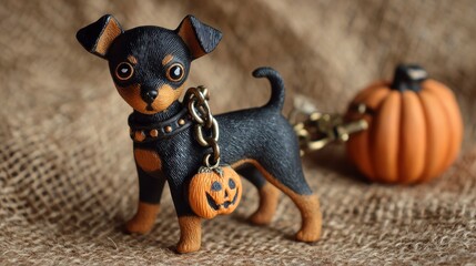 A charming miniature figurine of a dog wearing a pumpkin charm, next to a small pumpkin, all on a textured background
