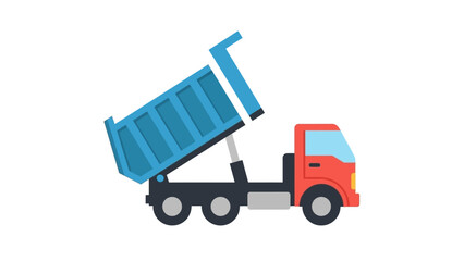 Blue dump truck with raised bed, transporting goods