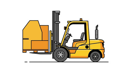 Yellow industrial forklift truck lifting cargo box on a pallet for warehouse logistics operations