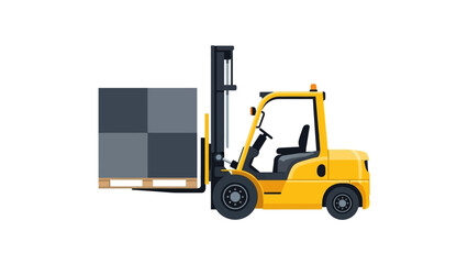 Yellow industrial forklift truck lifting cargo boxes on a wooden pallet in a warehouse setting