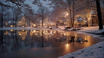 Obraz premium Serene Winter Evening Scene with Snow-Covered Trees, a Frozen Lake, and Glowing Lights Reflecting on Water in a Quiet Neighborhood
