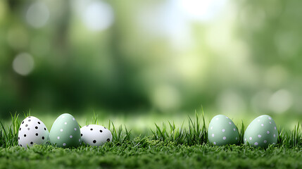 Easter eggs in grass with polka dots on a sunny day