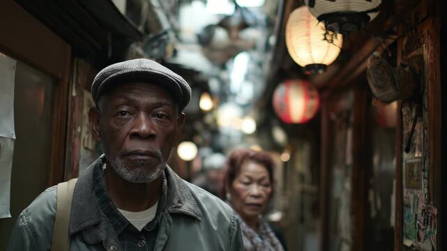 Senior African American man exploring Golden Gai alley in Tokyo, Japan. Narrow street, lanterns, traditional bars. Wife peeks from doorway. Authentic urban scene. Mature traveler.
