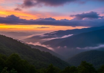 Fototapeta premium Scenic mountain valley is bathed in the soft hues of a vibrant sunset.