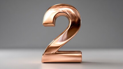 Metallic, highly polished numeral "2" in a copper hue, set against a blurred gray background and a reflective white surface