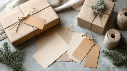 Flat lay of folded kraft paper and tags, neutral Christmas preparation scene