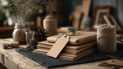 Flat lay of folded kraft paper and tags, neutral Christmas preparation scene