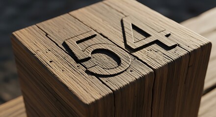 Rustic wooden block with carved number 54, symbolizing age or milestone