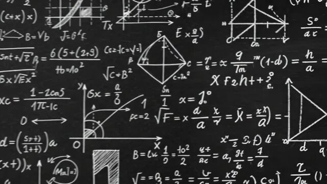 Chalkboard Full of Mathematical Equations and Geometric Diagrams in a Classroom Setting.