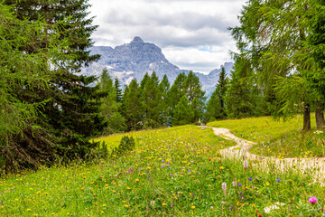 Tourist trail in Dolomites mountain at summer