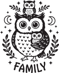 Fototapeta premium Family of Owls: A heartwarming illustration features an owl family, symbolizing love and togetherness, with an adult owl embracing a baby owl and a small owl on top.
