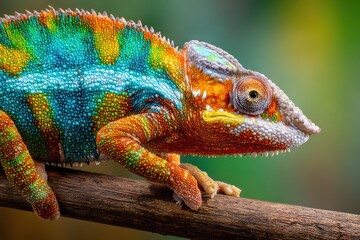 Fototapeta premium Colorful chameleon lizard on a branch portrait