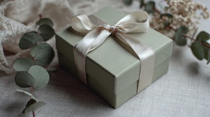 Gift wrapped in pale eucalyptus paper, ribbon hidden underneath box