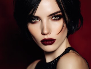 Fototapeta premium Short-haired woman with striking dark makeup, red lips, and intense gaze poses against a soft-focus backdrop. Eyeshadow enhances her captivating eyes, creating an elegant, bold aesthetic