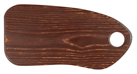 Close up of a shaped dark brown oak wood kitchen cutting board isolated on a white background