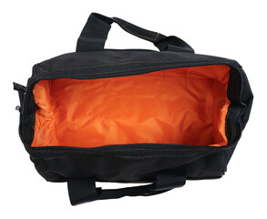 Black canvas tool bag with open orange lining