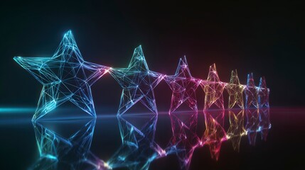 Digital rendering of interconnected stars forming a chain. Vibrant neon hues illuminate the geometric forms, reflecting on a glossy surface