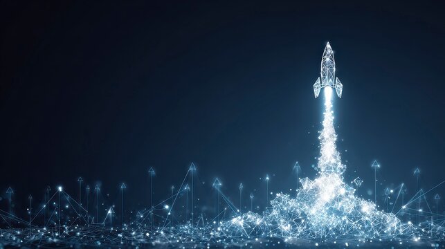 Digitally rendered illustration of a spaceship taking off, surrounded by connected glowing lines against a dark backdrop - Powered by Adobe