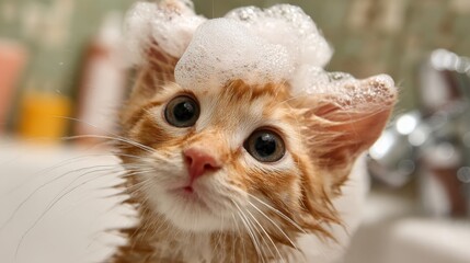 Adorable orange kitten with bubbles on its head, enjoying a playful bath experience in a cozy bathroom setting with soft lighting
