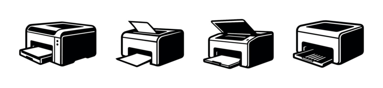 Printer collection, office equipment, flat vector illustration, monochrome design