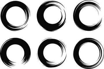 Collection of six abstract black ink brushstroke circles on a white background