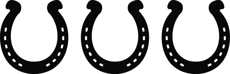 Three classic black horseshoe symbols aligned, representing good luck, tradition, and equestrian themes