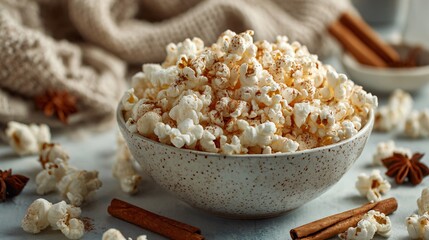 Bowl of spiced popcorn with cinnamon hint, neutral background, cozy holiday feel