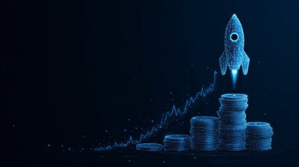 Digitized rocket launch atop coin stacks, growth graph. Dark blue background. Futuristic finance concept, success depicted through a rising star