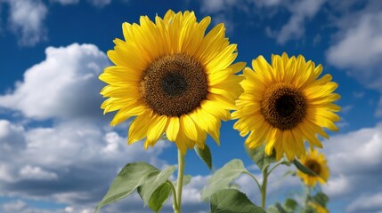 Obraz premium A pair of vibrant yellow sunflowers with green leaves stand against a blue sky dotted with fluffy white clouds,
