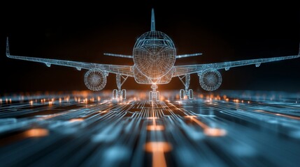 A digital representation of an aircraft on a virtual runway, showcasing its wireframe design and futuristic ambiance