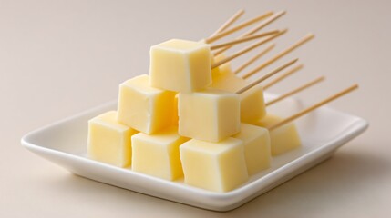 Cheese cubes skewered with toothpicks, minimalist plate, pale background