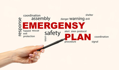 Emergency plan overview with hand pointing to key terms about safety and procedures
