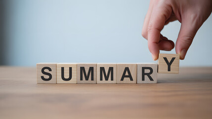Completing the summary concept depicted by wooden blocks featuring hand placing the final 'y' on surface with clean background