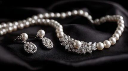 Elegant Pearl Necklace and Earring Set on Black Fabric Background for Luxury Jewelry Promotion, Bridal Accessories, and Fashion Photography