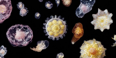 Translucent floating shapes with glowing golden particles on a dark background.