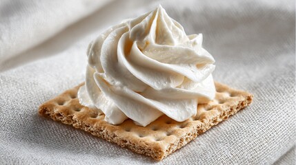 Crackers topped with soft cheese swirl, pale linen background
