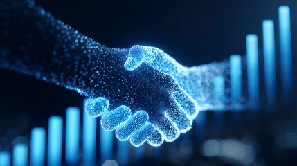 Digitally rendered handshake made of glowing particles with an upward-trending bar graph in the background, signifying partnership